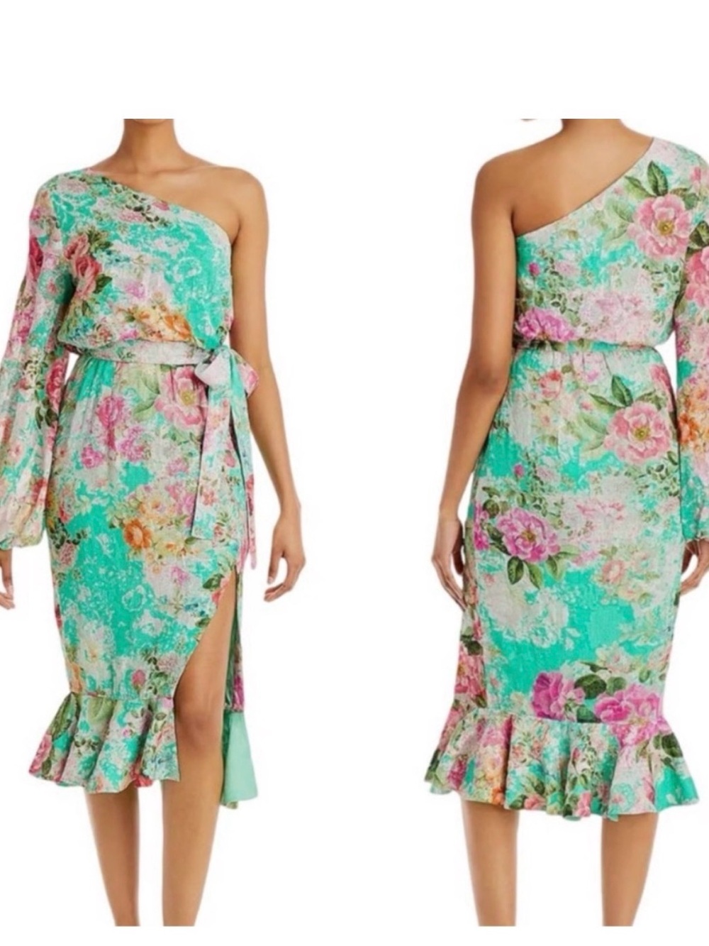 HEMANT & NANDITA Mint Green Floral One-Shoulder Midi Dress